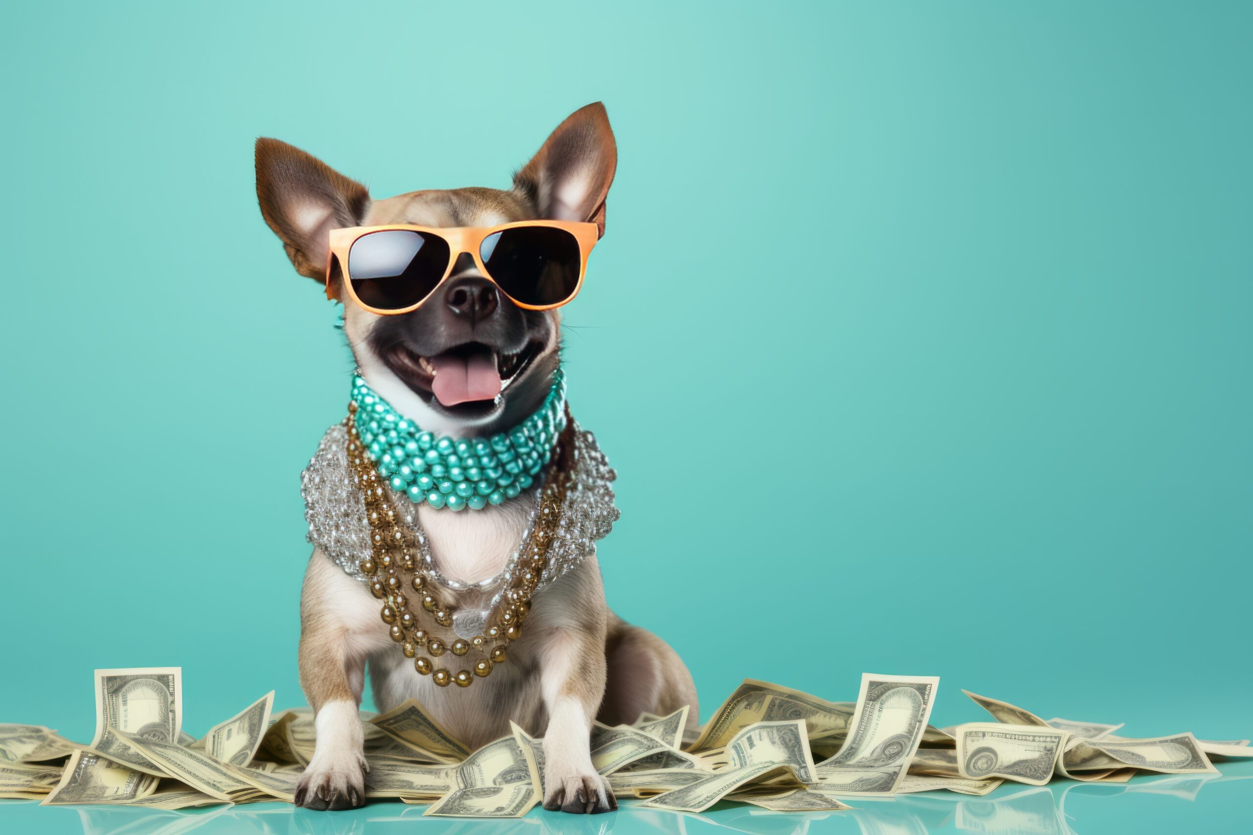 Cool rich successful hipster dog with sunglasses and cash money. Blue background.